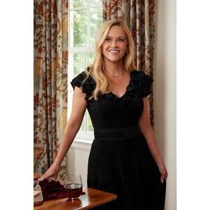 Draper James Womens Erica Midi Dress Black Velvet Burnout Stripes Zip